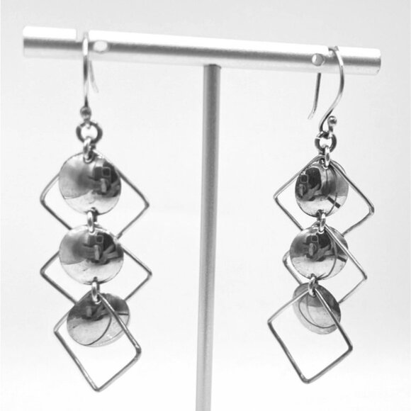 Silver Geometric Earrings 2.5" Dangle Articulated Spheres Triangles Squares - Picture 5 of 6